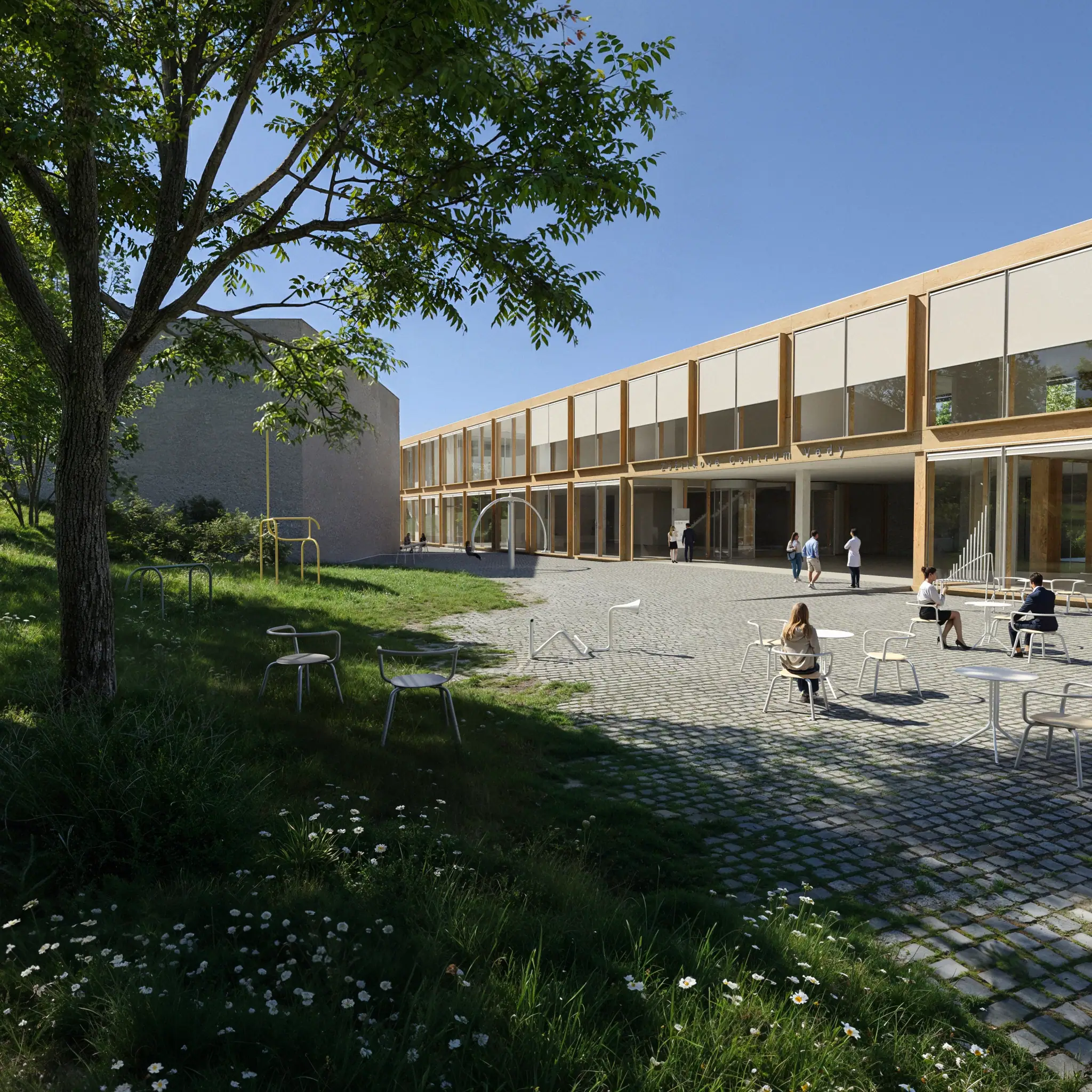 Competition rendering of the proposed CVTI science center beside a landscaped plaza.
