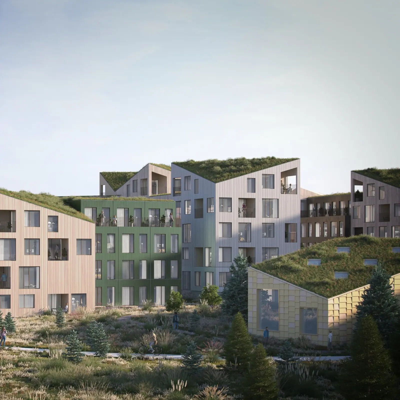Competition rendering of the proposed Reykjavik neighborhood with green roofs and planted paths.