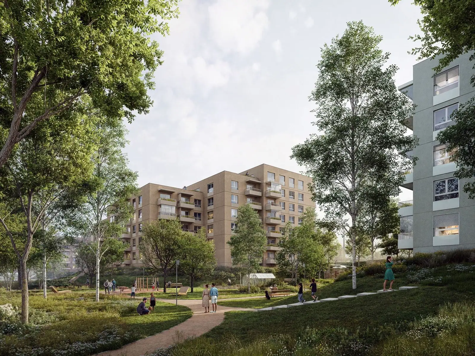Development rendering of YIT apartment buildings around a planted courtyard and paths.