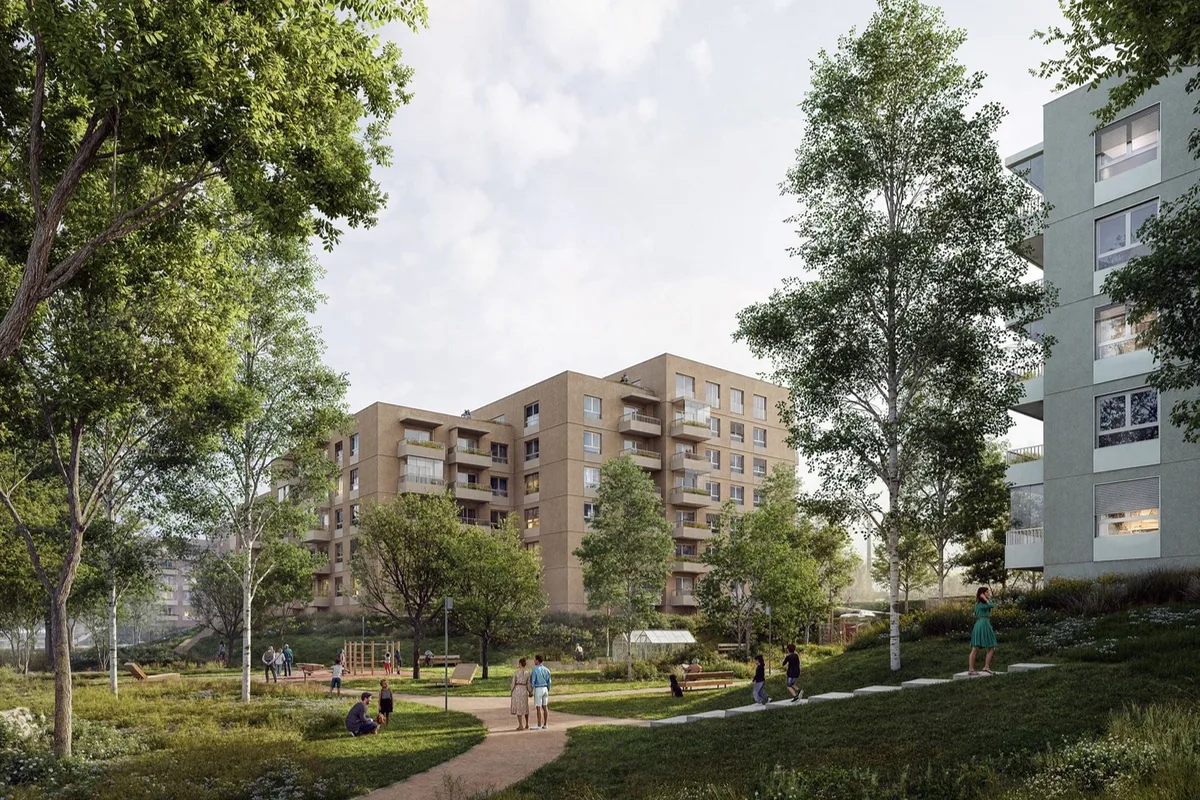 Rendering of a landscaped residential development for YIT.